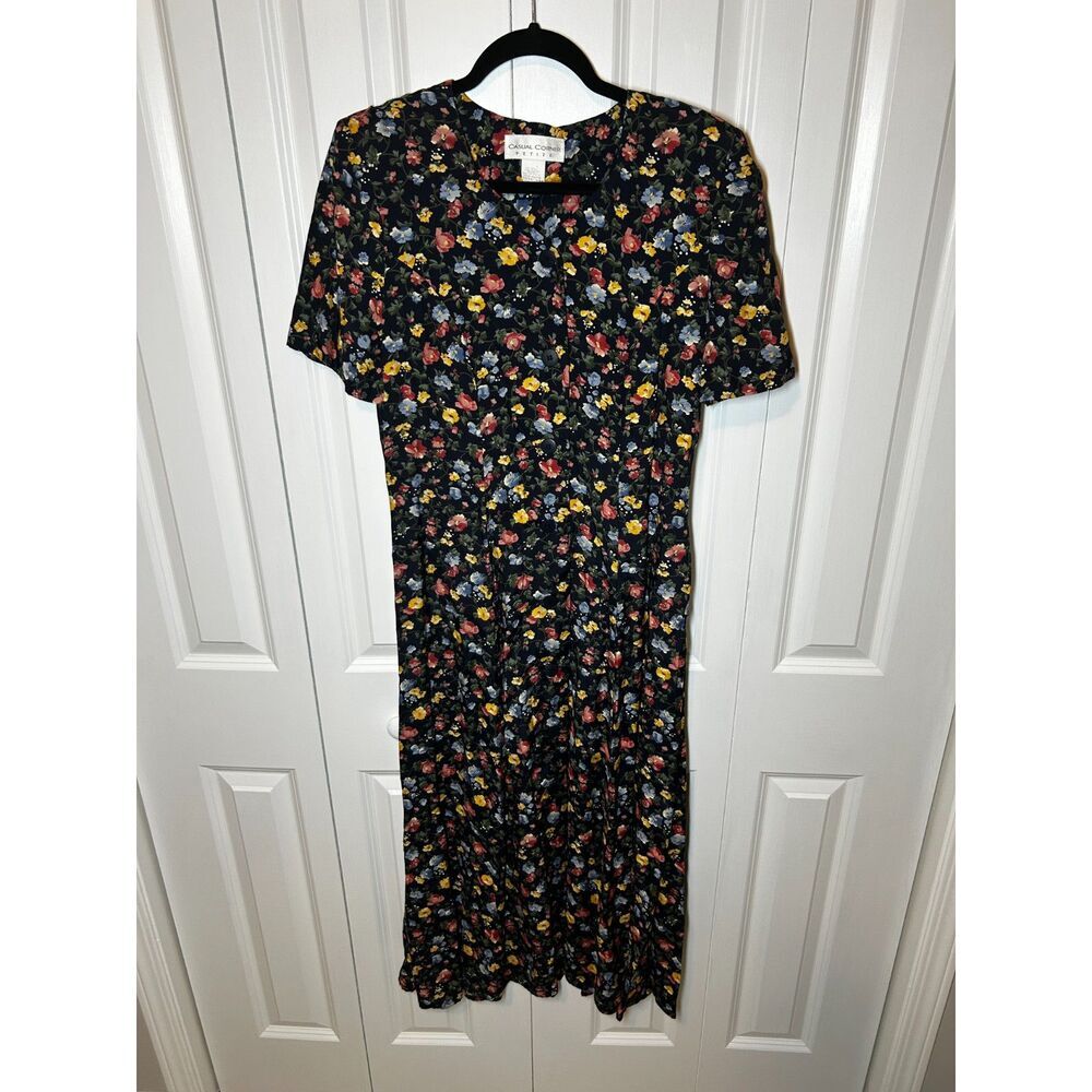 Vintage 90s Floral Midi Dress Size 10P Black Button Front Cottagecore Grunge
